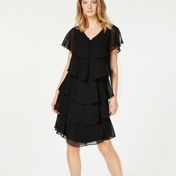 SLNY Dresses & Skirts - SL Fashions NY Ruffle Tiered Cocktail Dress Beaded Sheer Neckline Size 16 Black